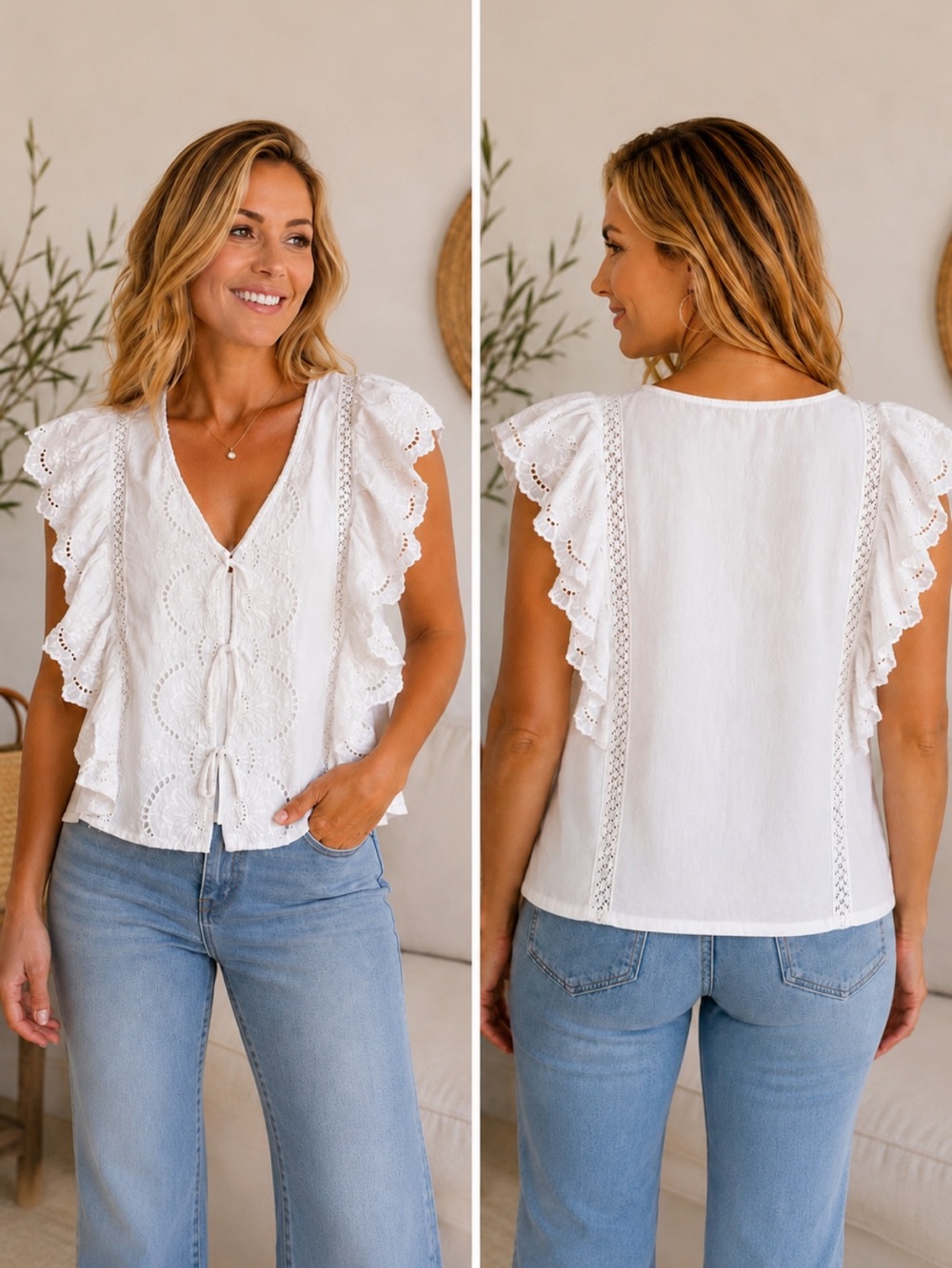 Calypso St. Barth White Eyelet Tie-Front Ruffle Sleeve Top